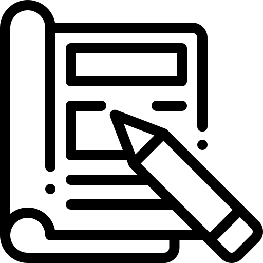 Icon of a scroll with a pen, symbolizing writing or documentation.