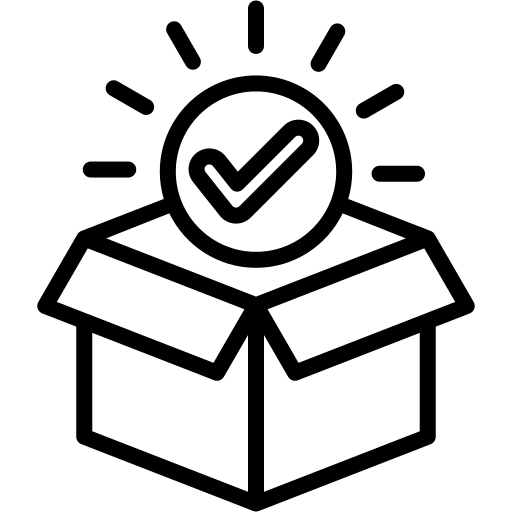 Icon of an open box with a check mark inside, symbolizing a package or product with a quality assurance check.