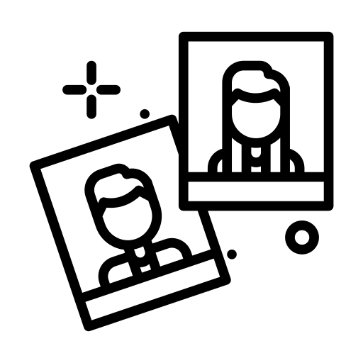 Two black and white line art illustrations of people in frames on a white background.