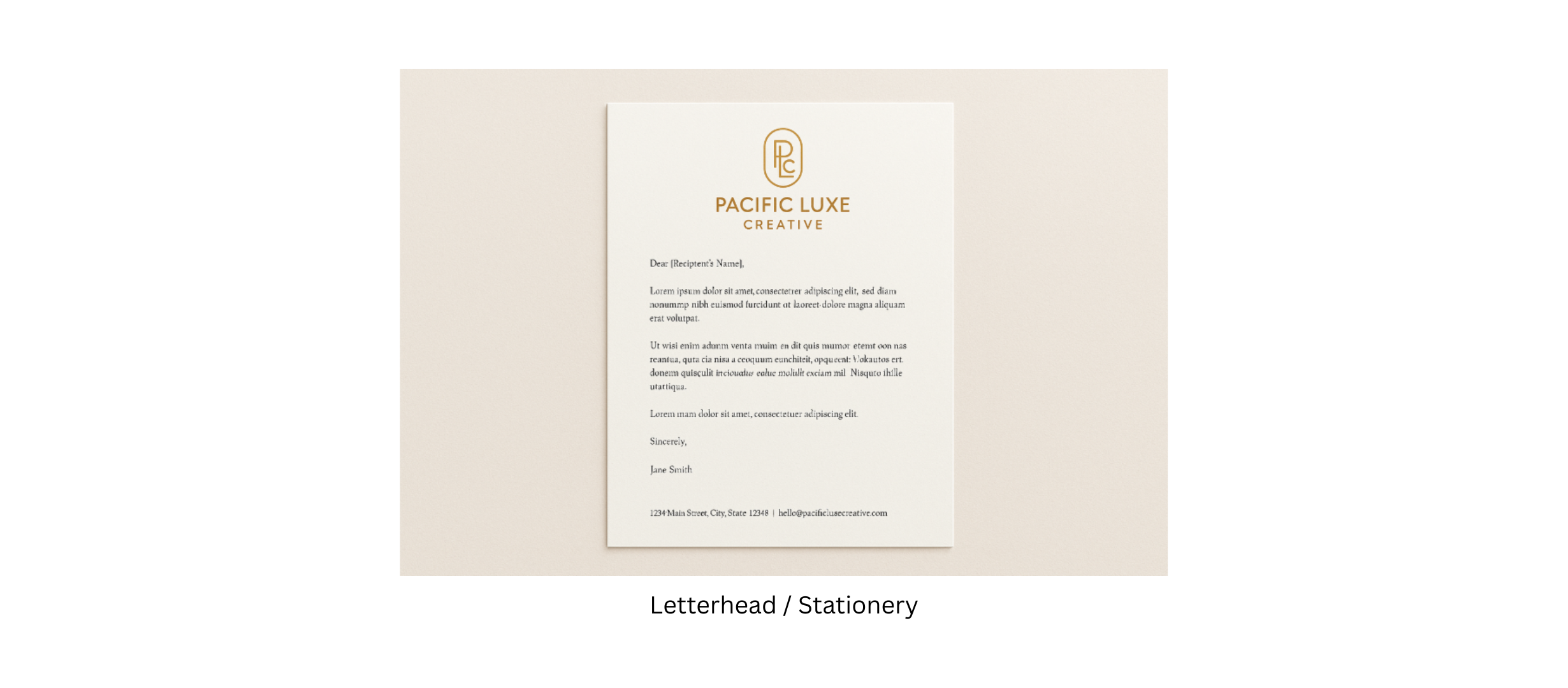 Beige stationery set with 'Pacific Luxe Creative' logo, showcasing elegant and professional corporate branding materials.
