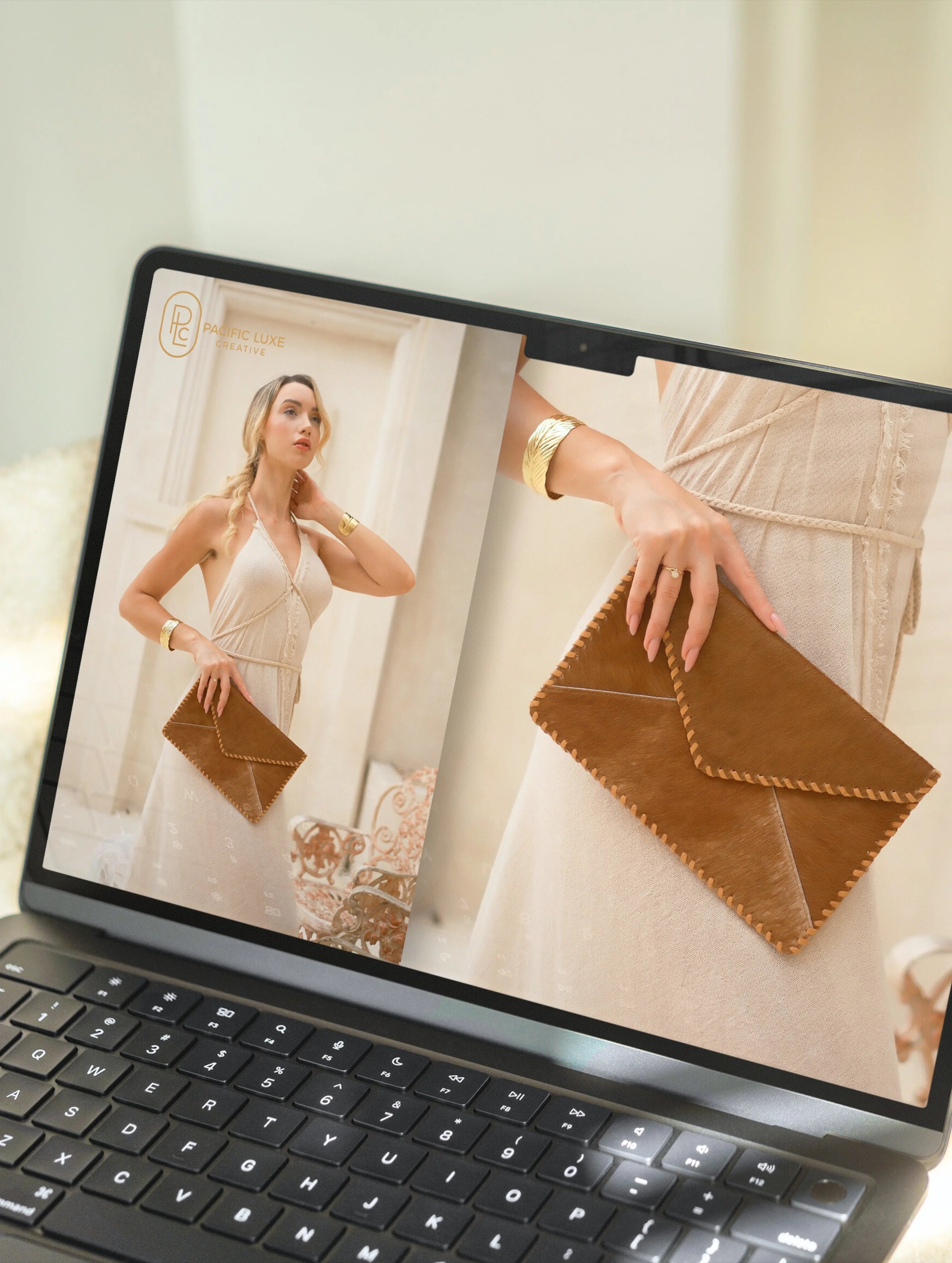 Luxe product photography by Pacific Luxe Creative featuring elegant woman with brown clutch on laptop screen, styled with Perth-inspired tones.