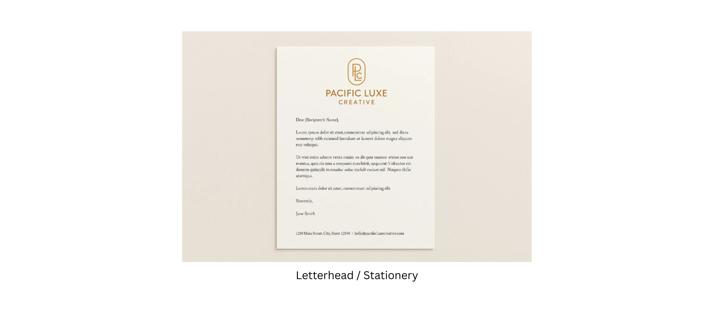 Letterhead or stationery with 'Pacific Luxe Creative' branding on a white background