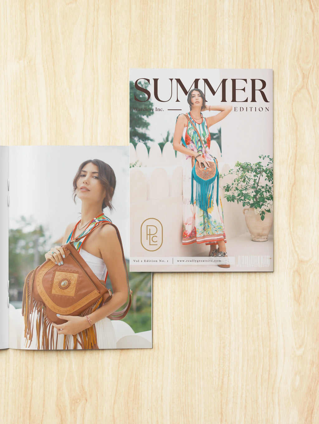 Product and brand photography by Pacific Luxe Creative wooden backdrop with two handbag-themed magazines reflecting modern coastal luxury.