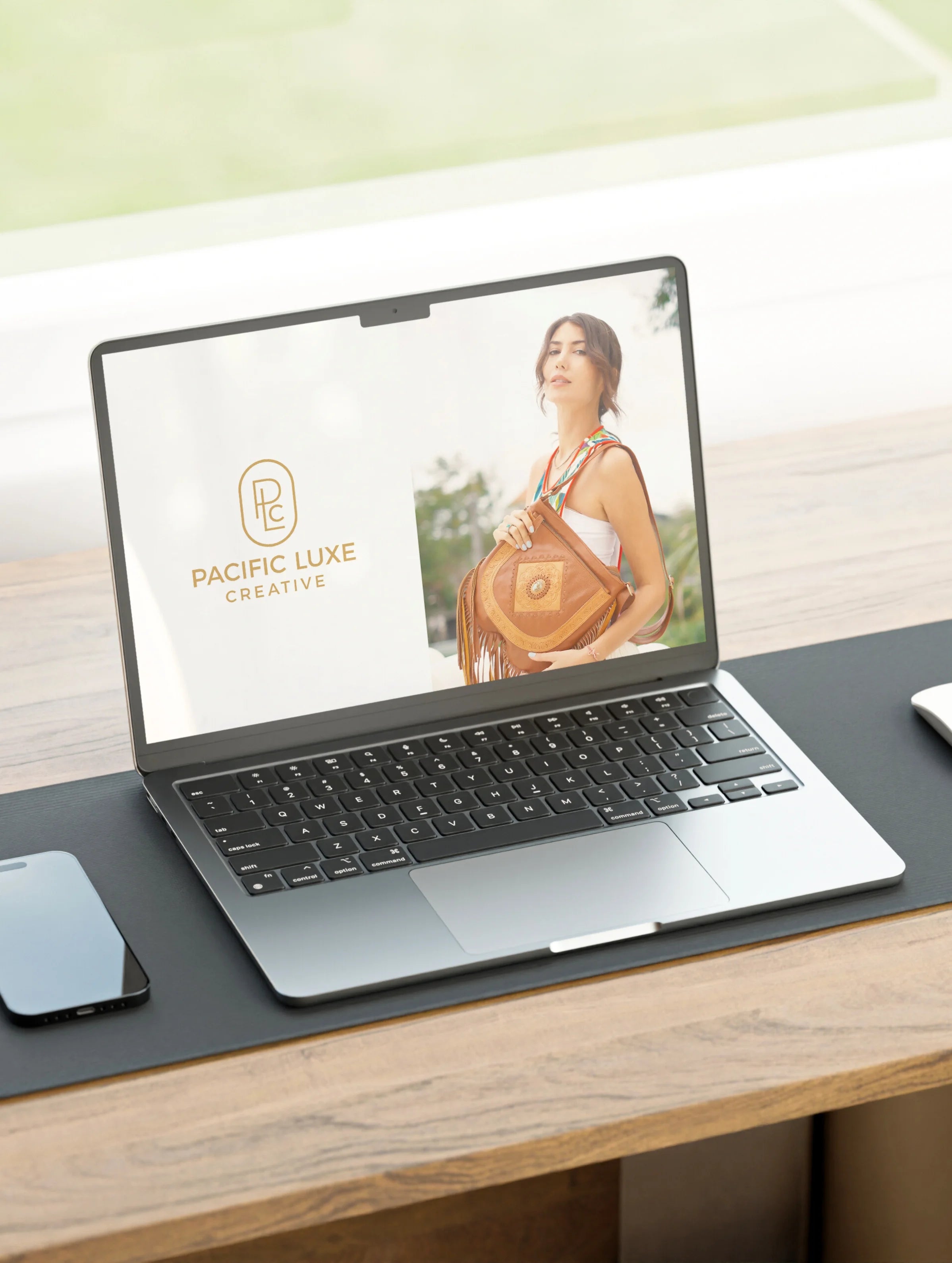 Creative Bali brand photography elegant laptop on desk displaying logo under soft tropical tones and serene luxury ambiance.
